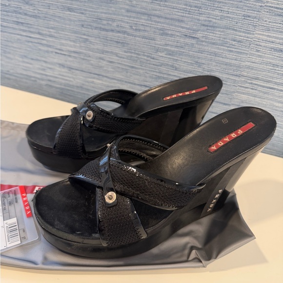 Prada Black Women\'s Wedge Sandals with Glossy Finish